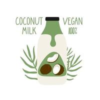 Kokosmilch in einer Cartoon-Flasche. vegane Milch. Verpackung. vektor handgezeichnete illustration.