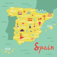 Vektorkarte von Spanien mit Sehenswürdigkeiten, Menschen, Lebensmitteln und Pflanzen. Reisekarte.