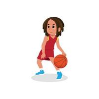 basketspelare barn set vektor. poserar. leder bollen. sportspelstävling. sport. isolerade platt tecknad illustration vektor