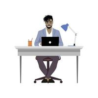 Ein Typ sitzt an einem Tisch in seinem Büro. Ein Mann arbeitet an einem Laptop. Büroarbeitskonzept. Vektor. vektor