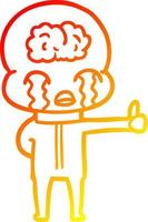 Warme Gradientenlinie Zeichnung Cartoon Big Brain Alien weint, gibt aber Daumen nach oben Symbol vektor