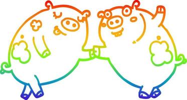 Regenbogen-Gradientenlinie Zeichnung Cartoon-Schweine tanzen vektor