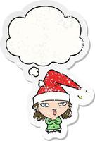Cartoon-Mädchen mit Weihnachtsmütze und Gedankenblase als verzweifelter, abgenutzter Aufkleber vektor