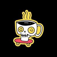 kaffeetassenschädel mit lächelngesicht in den augen und reitskateboard, illustration für t-shirt, aufkleber oder bekleidungswaren. mit Doodle-, Retro- und Cartoon-Stil. vektor