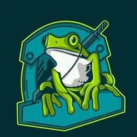 Vektorillustration, Frosch-Tier-Esport-Logo mit Schwert dahinter, werde ein Samurai-Frosch, fit für Squad-Logo, Gaming-Team-Logo, Zoohandlung-Logo, vektor