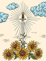 Schwert im Blumenstrauß aus Sonnenblumen Retro alte Linie Kunstradierung Vektor