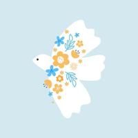 Vektor Friedenstaube. Taube mit Blumen auf blauem Hintergrund. konzept kein krieg in der ukraine. Vogel Boho handgezeichnete Stilkunst. glücklicher tag der erde