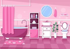 moderne badezimmermöbel innenhintergrundillustration mit badewanne, wasserhahn toilettenwaschbecken zum duschen und aufräumen in flachem farbstil