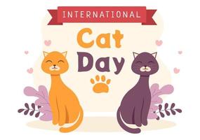 der internationale katzentag feiert die freundschaft zwischen menschen und katzen am august in einer niedlichen flachen cartoon-hintergrundillustration vektor
