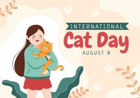 internationella kattdagen firar vänskapen mellan människor och katter i augusti i söt platt tecknad bakgrundsillustration vektor