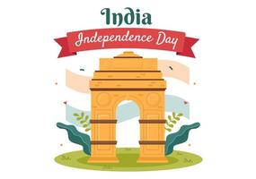 glad indisk självständighetsdag som firas varje augusti med flaggor, människor karaktär och ashoka hjul i tecknad stil illustration vektor