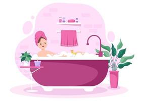 moderne badezimmermöbelinnenhintergrundillustration mit dem mädchen, das ein bad in der badewanne im flachen farbstil nimmt