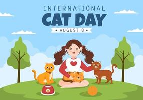 der internationale katzentag feiert die freundschaft zwischen menschen und katzen am august in einer niedlichen flachen cartoon-hintergrundillustration vektor