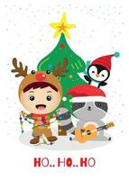 julhälsningkort med söt pojke, tvättbjörn och pingvin vektor