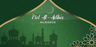 eid al-adha banner mall vektor design med islamisk grön bakgrund och blommotiv, moské