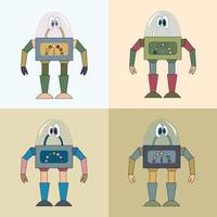 ein Satz von vier mehrfarbigen Robotern. Robo-Hintergrund für Kinder. Farbe süße kindliche Zeichnung. vektor