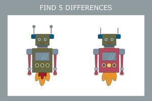 Lernspiel für Kinder. Finde 5 Unterschiede zwischen den Robotern und kreise sie ein vektor