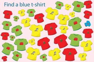 Finden Sie das blaue T-Shirt unter den anderen. vorschularbeitsblatt, arbeitsblatt für kinder, druckbares arbeitsblatt vektor