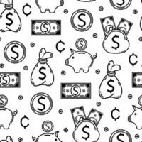 amerikansk valuta sömlösa vektormönster. sedlar, mynt, pengapåse, spargris, sedlar i plånboken, amerikanska dollar, cent. monokroma element isolerad på vit bakgrund. banksymboler vektor