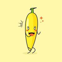 söt banankaraktär med leende och glada uttryck, två händer sammanbitna och gnistrande ögon. grönt och gult. lämplig för uttryckssymbol, logotyp, maskot och ikon vektor