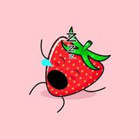 söt jordgubbskaraktär med sömnuttryck, ligg ner, blunda och öppna munnen. grönt och rött. lämplig för uttryckssymbol, logotyp, maskot och ikon vektor
