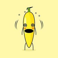 söt banankaraktär med yrande uttryck och rullande ögon. grönt och gult. lämplig för uttryckssymbol, logotyp, maskot och ikon vektor