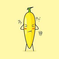 söt banankaraktär med tänkande uttryck, nära ögon och två händer på huvudet. grönt och gult. lämplig för uttryckssymbol, logotyp, maskot vektor