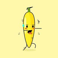 söt banan karaktär med rädd uttryck och springa. grönt och gult. lämplig för uttryckssymbol, logotyp, maskot eller klistermärke vektor