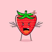 söt jordgubbskaraktär med argt uttryck. grönt och rött. lämplig för uttryckssymbol, logotyp, maskot. båda händerna höjda och munnen öppen vektor