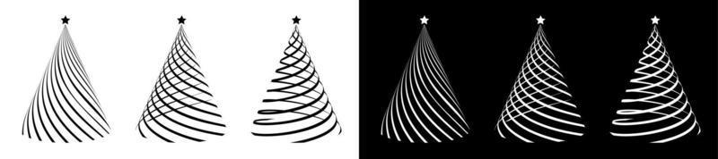 Reihe von Silhouetten von Weihnachtsbäumen, stilisiert mit einem festlichen Band umschlungen. weihnachten und neujahr 2021. symbole. Schwarz-Weiß-Vektor vektor