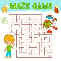jullabyrint pusselspel för barn. labyrint eller labyrint spel med julpojke. vektor