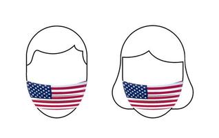 Symbol, medizinische Maske in den Farben der amerikanischen Flagge. Atemschutz. isolierter Vektor auf weißem Hintergrund
