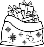 weihnachtsmalbuch oder seite für kinder. weihnachtstasche mit geschenken schwarz-weiß-vektorillustration vektor