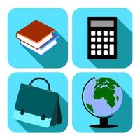 Reihe von Symbolen Schulfächer, Globus, Taschenrechner, Lehrbücher, Bücher, Aktentasche, Rucksack vektor
