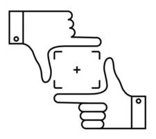 Symbol, die Hände des Fotografen zeigen auf das Kameraobjektiv, um Fotos aufzunehmen. Welttag der Fotografie am 19.08. Selfies und Fotoalben. Vektor auf weißem Hintergrund