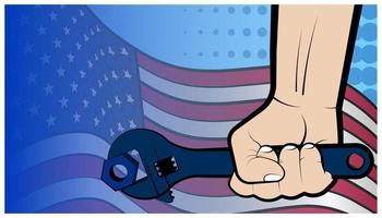 Die Hand des Mannes hält einen großen Schraubenschlüssel auf dem Hintergrund der amerikanischen Flagge. usa arbeitstag, illustration im comic-stil. Vektor