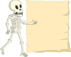 lustiges menschliches skelett der karikatur mit leerem zeichen vektor