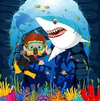 tecknad pojke dykning i havet med haj vektor