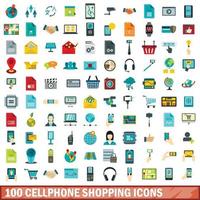 100 Handy-Shopping-Icons gesetzt, flacher Stil vektor
