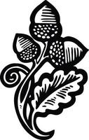 schwarz-weißes lineares Zeichen, Bezeichnung Eichenblätter Eicheln Nüsse, handgezeichnete Vektorgrafik