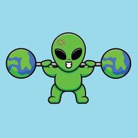 niedliche alien heben erde barbell cartoon vektor symbol illustration. Wissenschaft Sport Icon Konzept isoliert Premium-Vektor.
