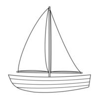 Holzboot mit schwarzem Umrissgekritzel des Segels, Vektorillustration auf weißem Hintergrund. vektor