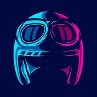 retro helm vintage halbes gesicht abenteuer linie neonkunst potrait logo farbenfrohes design mit dunklem hintergrund. abstrakte vektorillustration. lokalisierter schwarzer hintergrund für t-shirt, plakat, kleidung, merch