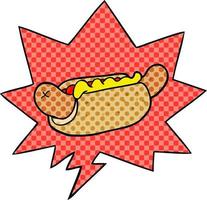 Cartoon frischer leckerer Hot Dog und Sprechblase im Comic-Stil vektor