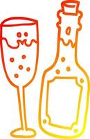 varm gradient linjeteckning tecknad champagneflaska och glas vektor