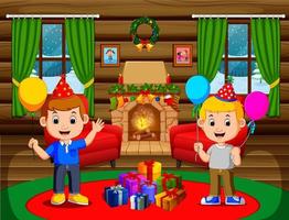 söta barn i vardagsrummet under jul vektor
