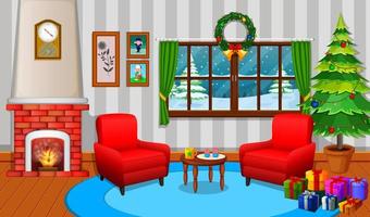 jul vardagsrum med ett träd och öppen spis vektor