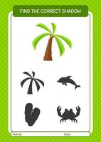 Finden Sie das richtige Schattenspiel mit Kokosnussbaum. arbeitsblatt für vorschulkinder, kinderaktivitätsblatt vektor