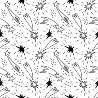 nahtloses Muster mit Sternschnuppen. ein handgezeichnetes Muster aus leuchtenden Kometen mit Schweifen. Vektor Stock Illustration von Himmelsphänomenen schwarz auf weiß.