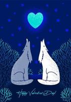 Valentinstagskarte mit Wölfen. Weiße und graue Wölfe heulen den blauen herzförmigen Mond in einem Märchenwald an. Vektor Stock Gruß Illustration im Cartoon-Stil.